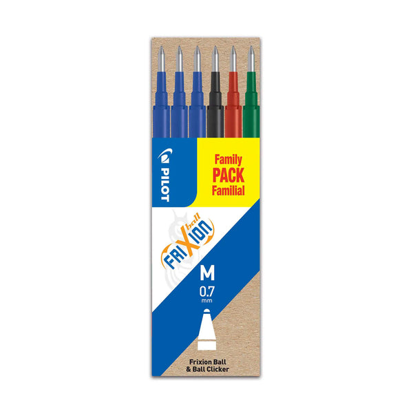 Pilot FriXion FAMILY PACK 6 navullingen medium penpunt 0.7 mm – Blauw/Zwart/Rood/Groen