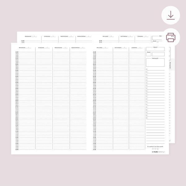 Printable - Weekplanner 22:00 - 14:00 uur - nacht en ochtend