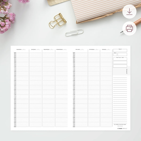 Printable - Weekplanner 8:00 - 00:00 uur