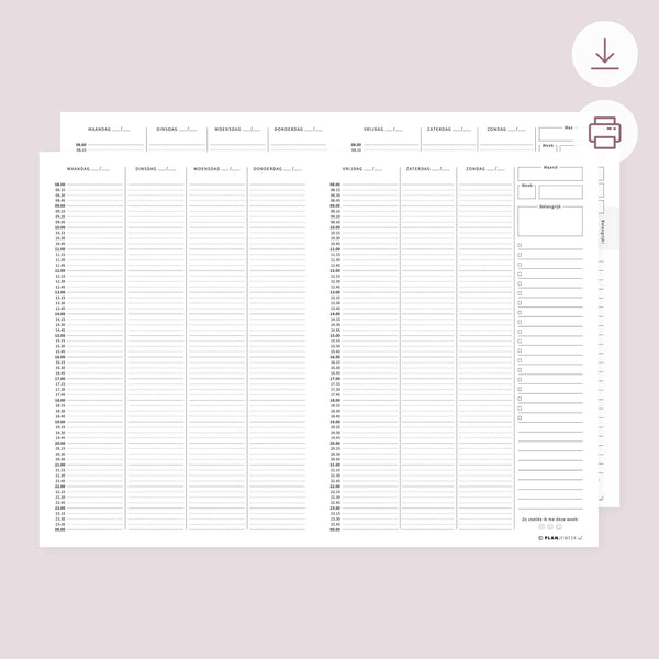 Printable - Weekplanner 8:00 - 00:00 uur